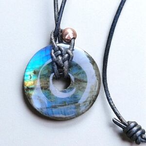 Vintage Leather And Labradorite Donut Healing Pendant Necklace